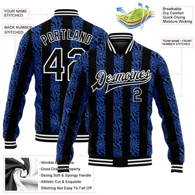 Custom Royal Black-White 3D Pattern Design Bomber Full-Snap Varsity Letterman Jacket