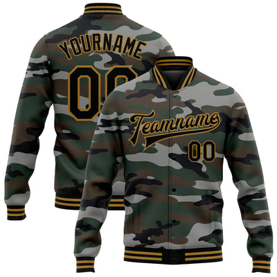 Custom Camo Black-Old Gold Jungle Camouflage 3D Bomber Full-Snap Varsity Letterman Salute To Service Jacket