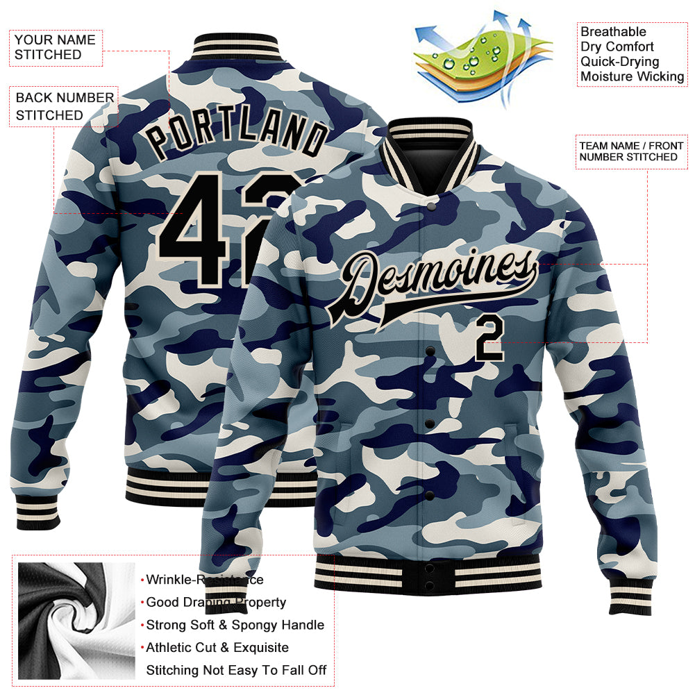 Custom Camo Black-Cream Ocean Camouflage 3D Bomber Full-Snap Varsity Letterman Salute To Service Jacket