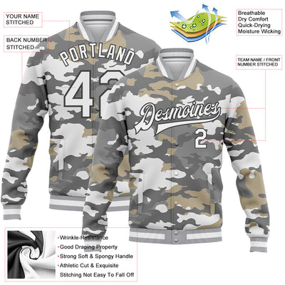 Custom Camo White-Steel Gray Snow Camouflage 3D Bomber Full-Snap Varsity Letterman Salute To Service Jacket