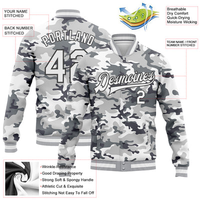 Custom Camo White-Steel Gray Snow Camouflage 3D Bomber Full-Snap Varsity Letterman Salute To Service Jacket