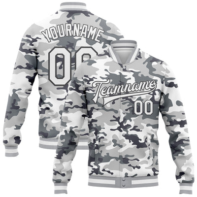 Custom Camo White-Steel Gray Snow Camouflage 3D Bomber Full-Snap Varsity Letterman Salute To Service Jacket