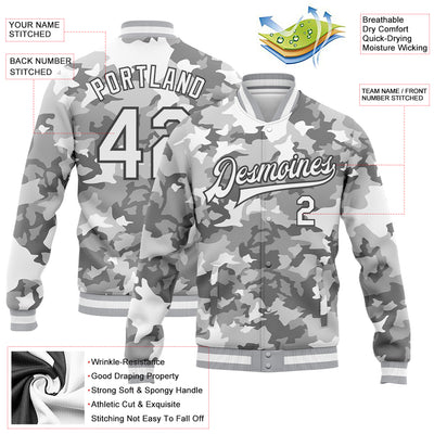 Custom Camo White-Steel Gray Snow Camouflage 3D Bomber Full-Snap Varsity Letterman Salute To Service Jacket