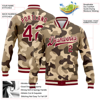 Custom Camo Maroon-Cream Desert Camouflage 3D Bomber Full-Snap Varsity Letterman Salute To Service Jacket