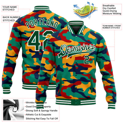 Custom Camo Kelly Green-White Fluorescent Camouflage 3D Bomber Full-Snap Varsity Letterman Salute To Service Jacket