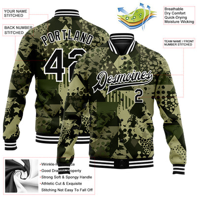 Custom Camo Black-White Geometric Camouflage 3D Bomber Full-Snap Varsity Letterman Salute To Service Jacket