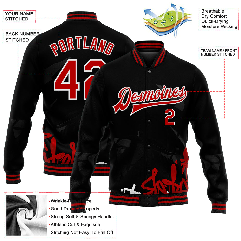 Custom Graffiti Pattern Red-Black Dark Abstract Urban Street Art 3D Bomber Full-Snap Varsity Letterman Jacket