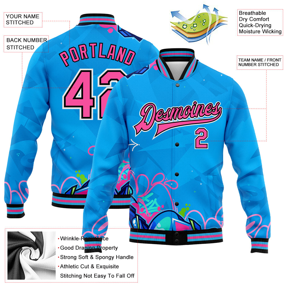 Custom Graffiti Pattern Pink-Black Hiphop Abstract Urban Street Art 3D Bomber Full-Snap Varsity Letterman Jacket