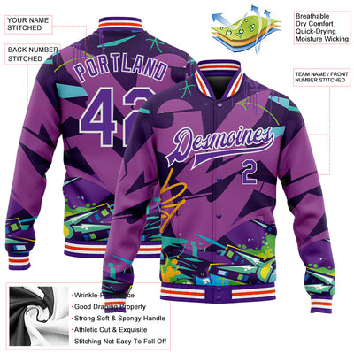 Custom Graffiti Pattern Purple-White Trendy Abstract Urban Street Art 3D Bomber Full-Snap Varsity Letterman Jacket