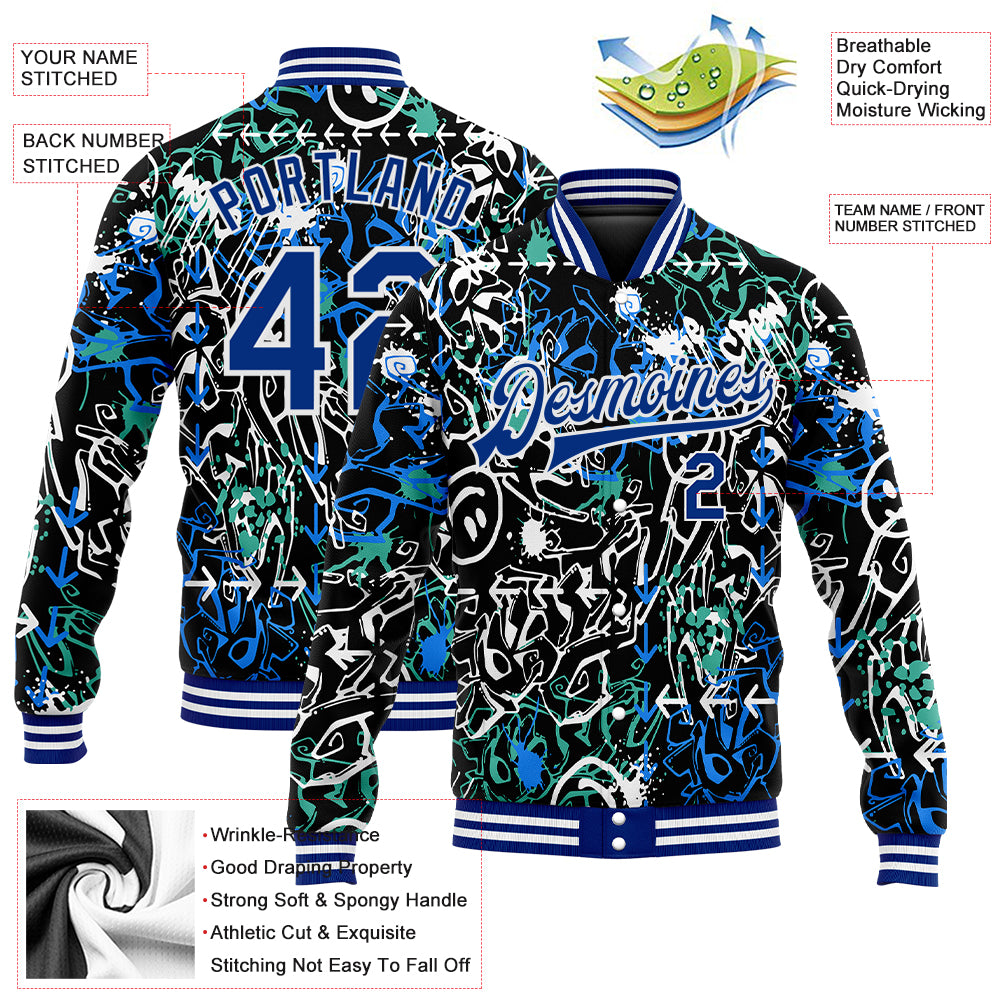 Custom Graffiti Pattern Royal-White Abstract Grunge Art 3D Bomber Full-Snap Varsity Letterman Jacket