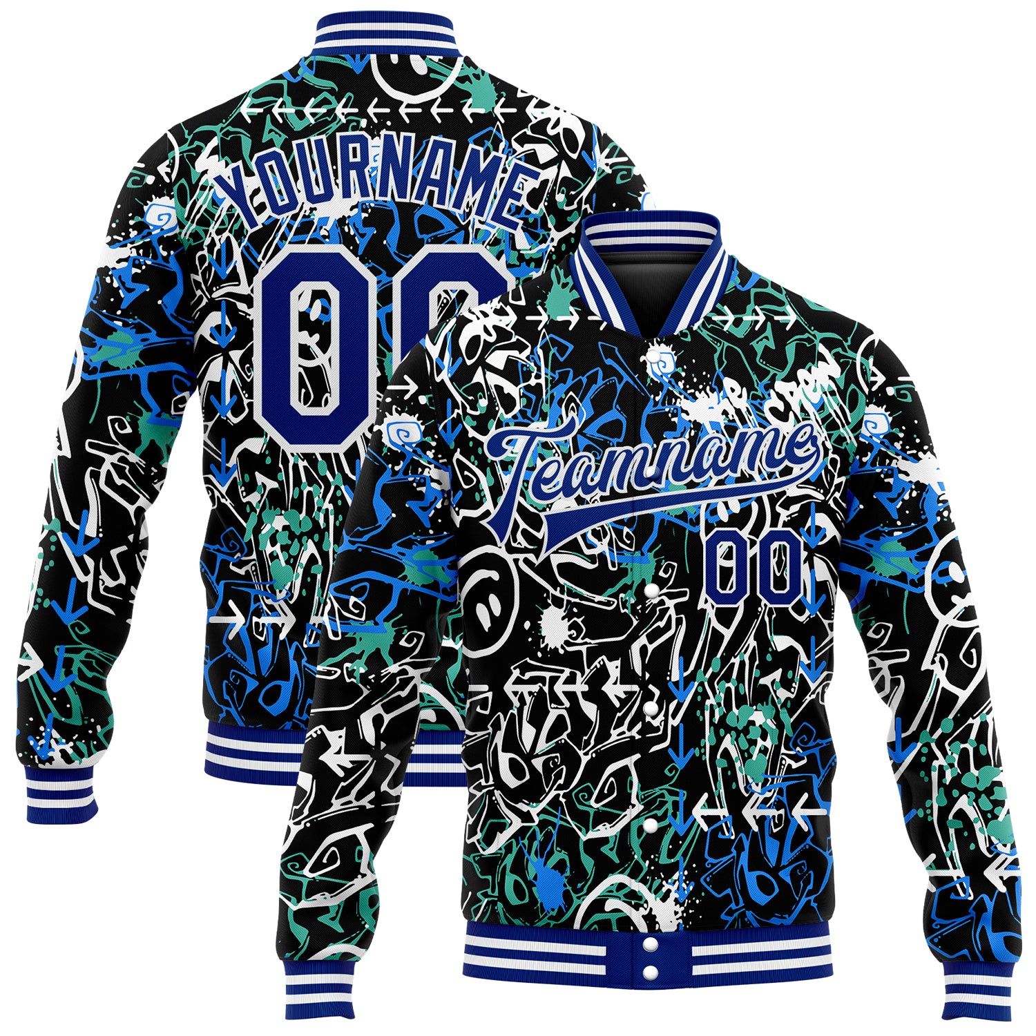 Custom Graffiti Pattern Royal-White Abstract Grunge Art 3D Bomber Full-Snap Varsity Letterman Jacket