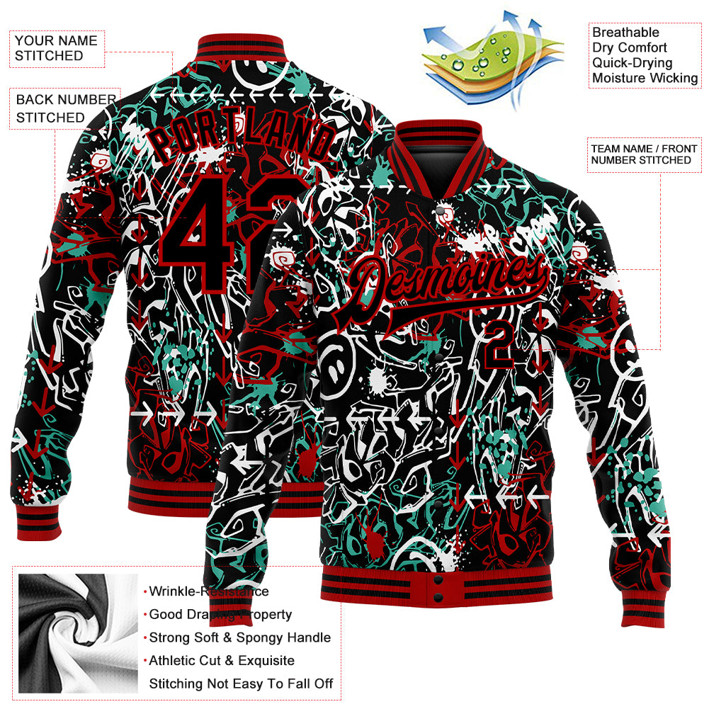 Custom Graffiti Pattern Black-Red Abstract Grunge Art 3D Bomber Full-Snap Varsity Letterman Jacket