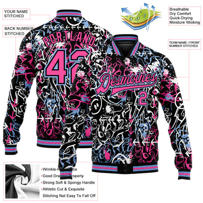 Custom Graffiti Pattern Pink-Light Blue Abstract Grunge Art 3D Bomber Full-Snap Varsity Letterman Jacket