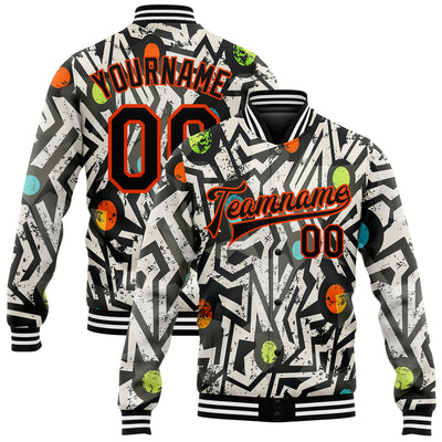 Custom Graffiti Pattern Black-Orange Modern Geometric Grunge Art 3D Bomber Full-Snap Varsity Letterman Jacket