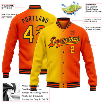 Custom Orange Yellow-Black Bomber Full-Snap Varsity Letterman Gradient Fashion Jacket