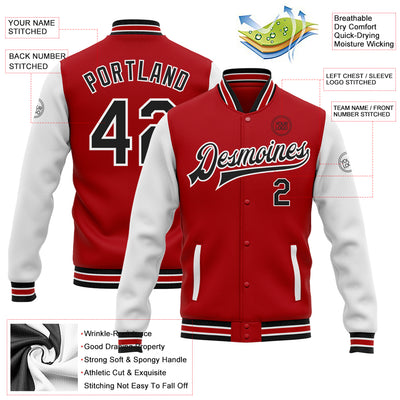 Custom Red Black-White Bomber Full-Snap Varsity Letterman Two Tone Jacket