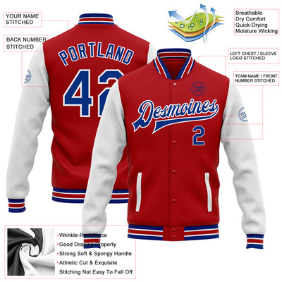 Custom Red Royal-White Bomber Full-Snap Varsity Letterman Two Tone Jacket