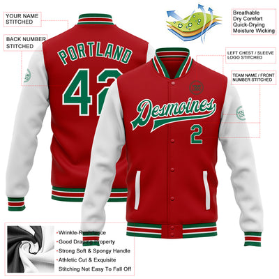 Custom Red Kelly Green-White Bomber Full-Snap Varsity Letterman Two Tone Jacket