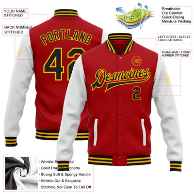 Custom Red Black-Gold Bomber Full-Snap Varsity Letterman Two Tone Jacket