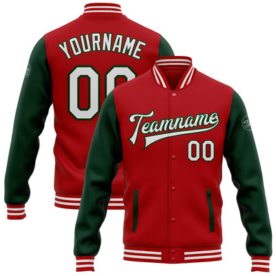 Custom Red White-Green Bomber Full-Snap Varsity Letterman Two Tone Jacket