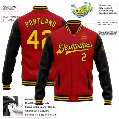 Custom Red Gold-Black Bomber Full-Snap Varsity Letterman Two Tone Jacket