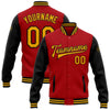 Custom Red Gold-Black Bomber Full-Snap Varsity Letterman Two Tone Jacket