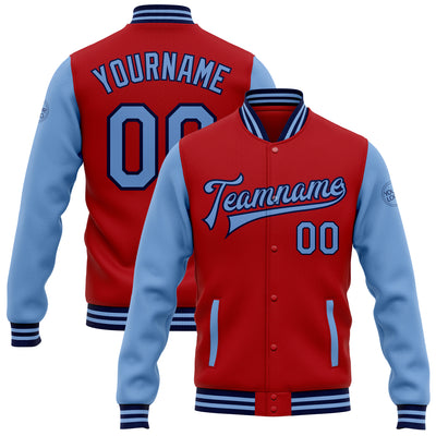 Custom Red Light Blue-Navy Bomber Full-Snap Varsity Letterman Two Tone Jacket