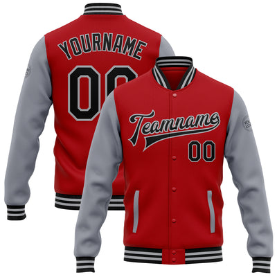 Custom Red Black-Gray Bomber Full-Snap Varsity Letterman Two Tone Jacket