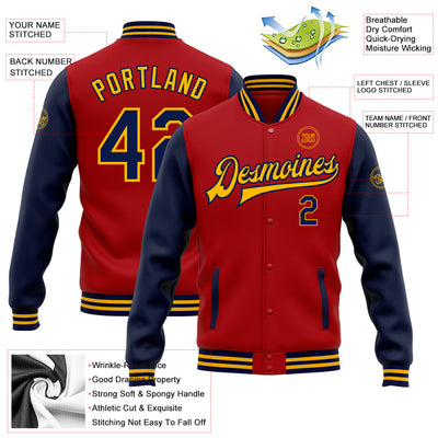 Custom Red Navy-Gold Bomber Full-Snap Varsity Letterman Two Tone Jacket