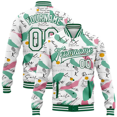 Custom Graffiti Pattern White-Kelly Green Grunge Art 3D Bomber Full-Snap Varsity Letterman Jacket