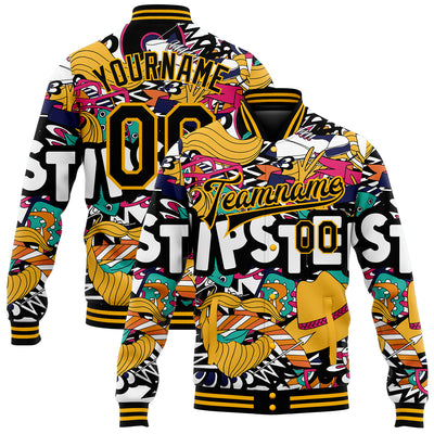 Custom Graffiti Pattern Black-Gold Hipster Lifestyle 3D Bomber Full-Snap Varsity Letterman Jacket