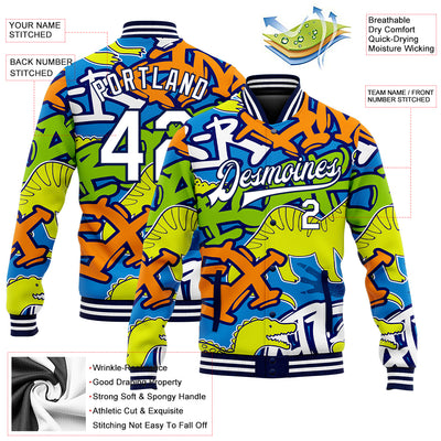 Custom Graffiti Pattern White-Navy Grunge Art With Dinosaur And Words 3D Bomber Full-Snap Varsity Letterman Jacket