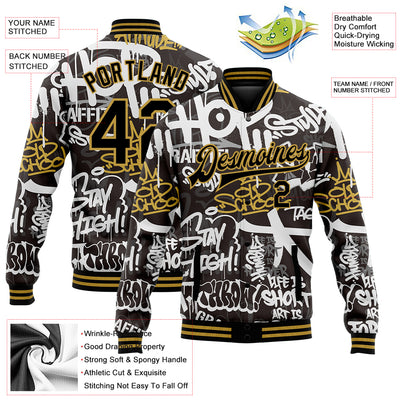 Custom Graffiti Pattern Black-Old Gold Grunge Urban Street And Old School Art 3D Bomber Full-Snap Varsity Letterman Jacket