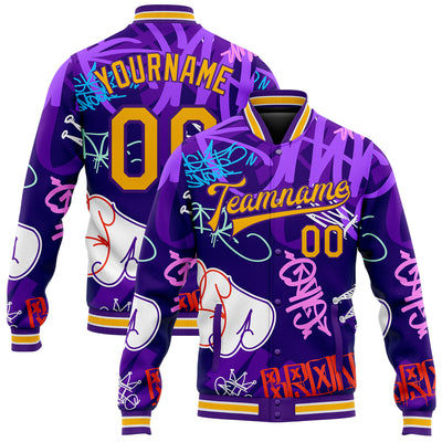 Custom Graffiti Pattern Gold-Purple Hiphop Urban Street Art 3D Bomber Full-Snap Varsity Letterman Jacket