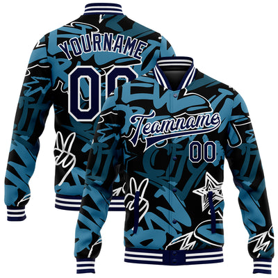 Custom Graffiti Pattern Navy-White Grunge Urban Street Art 3D Bomber Full-Snap Varsity Letterman Jacket