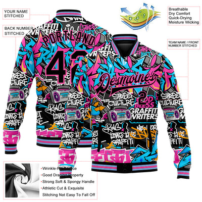 Custom Graffiti Pattern Black Pink Grunge Urban Street Art 3D Bomber Full-Snap Varsity Letterman Jacket