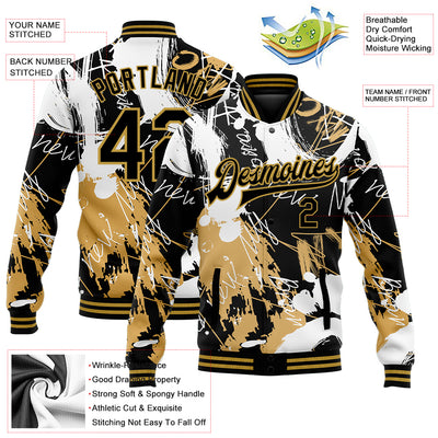 Custom Graffiti Pattern Black-Old Gold Grunge Art 3D Bomber Full-Snap Varsity Letterman Jacket