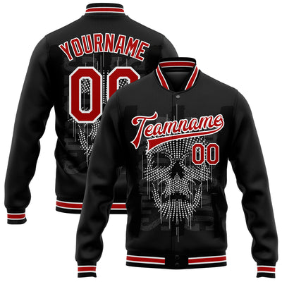 Custom Black Red-White Skull Fashion 3D Bomber Full-Snap Varsity Letterman Jacket