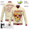 Custom Cream Maroon Skull Fashion 3D Bomber Full-Snap Varsity Letterman Jacket