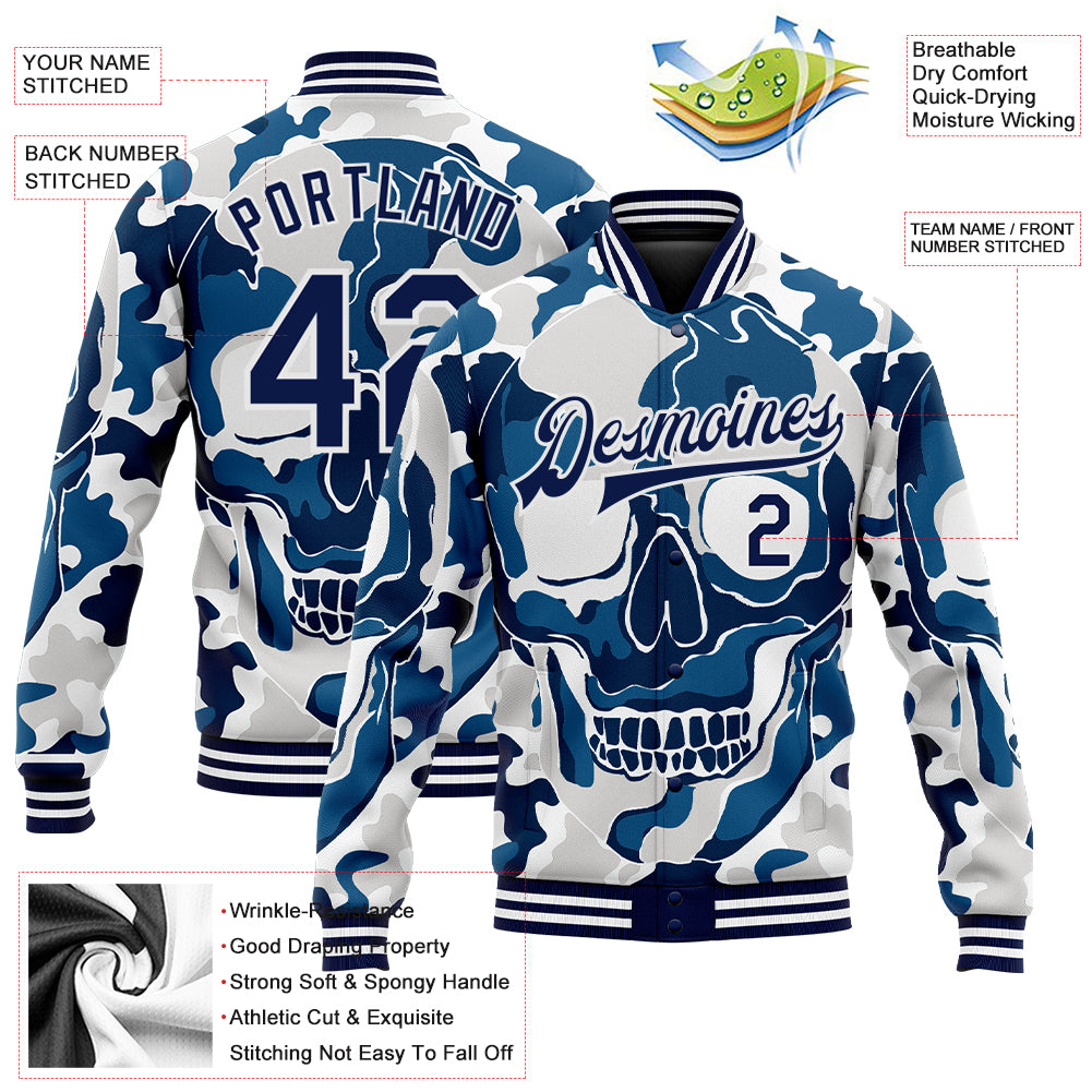 Custom Camo Navy-White Skull Fashion 3D Bomber Full-Snap Varsity Letterman Salute To Service Jacket