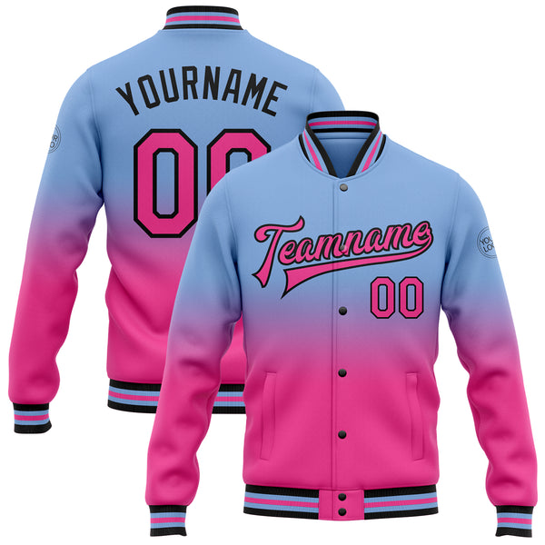 Custom Light Blue Jacket Pink-Black Bomber Full-Snap Varsity Letterman ...