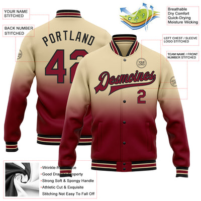 Custom City Cream Crimson-Black Bomber Full-Snap Varsity Letterman Fade Fashion Jacket