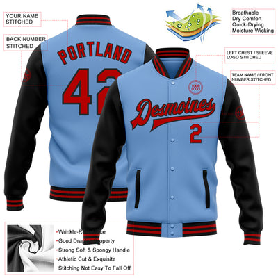 Custom Light Blue Red-Black Bomber Full-Snap Varsity Letterman Two Tone Jacket