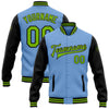 Custom Light Blue Neon Green-Black Bomber Full-Snap Varsity Letterman Two Tone Jacket