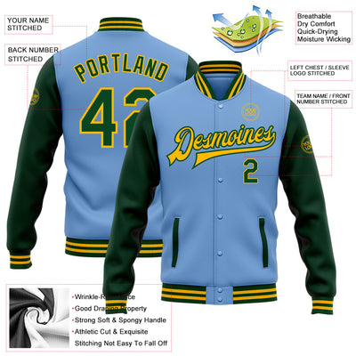 Custom Light Blue Green-Gold Bomber Full-Snap Varsity Letterman Two Tone Jacket