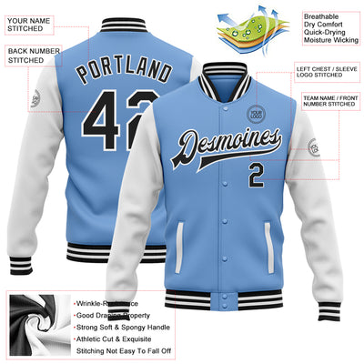 Custom Light Blue Black-White Bomber Full-Snap Varsity Letterman Two Tone Jacket