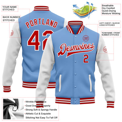 Custom Light Blue Red-White Bomber Full-Snap Varsity Letterman Two Tone Jacket