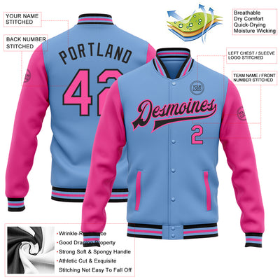 Custom Light Blue Pink-Black Bomber Full-Snap Varsity Letterman Two Tone Jacket