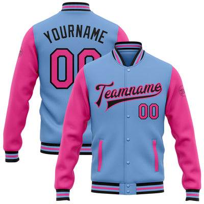 Custom Light Blue Pink-Black Bomber Full-Snap Varsity Letterman Two Tone Jacket