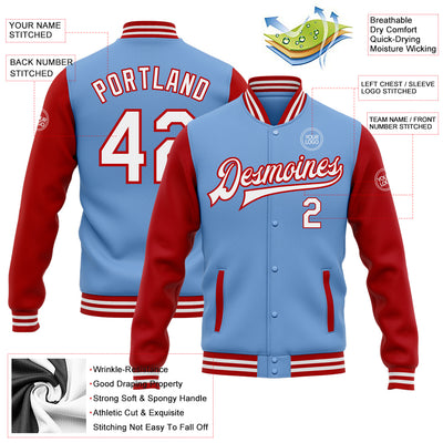 Custom Light Blue White-Red Bomber Full-Snap Varsity Letterman Two Tone Jacket